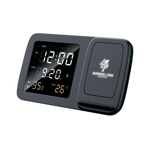 Настольные часы "Smart Screen" с беспроводным (15W) зарядным устройством, гигрометром, термометром, календарём, с подсветкой логотипа, черный, арт. 9628-3 - вид 1 из 10