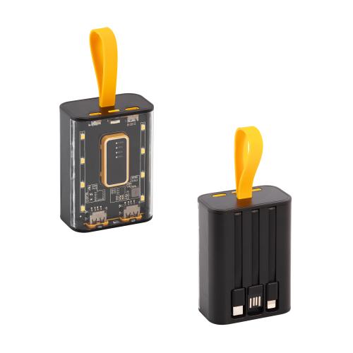 Зарядное устройство "Shine" 9000 mAh с LED-подсветкой, встроенными кабелями Type-C/Lightning/USB, с прозрачным корпусом, черный/жёлтый, арт. 9630-3 - вид 1 из 9