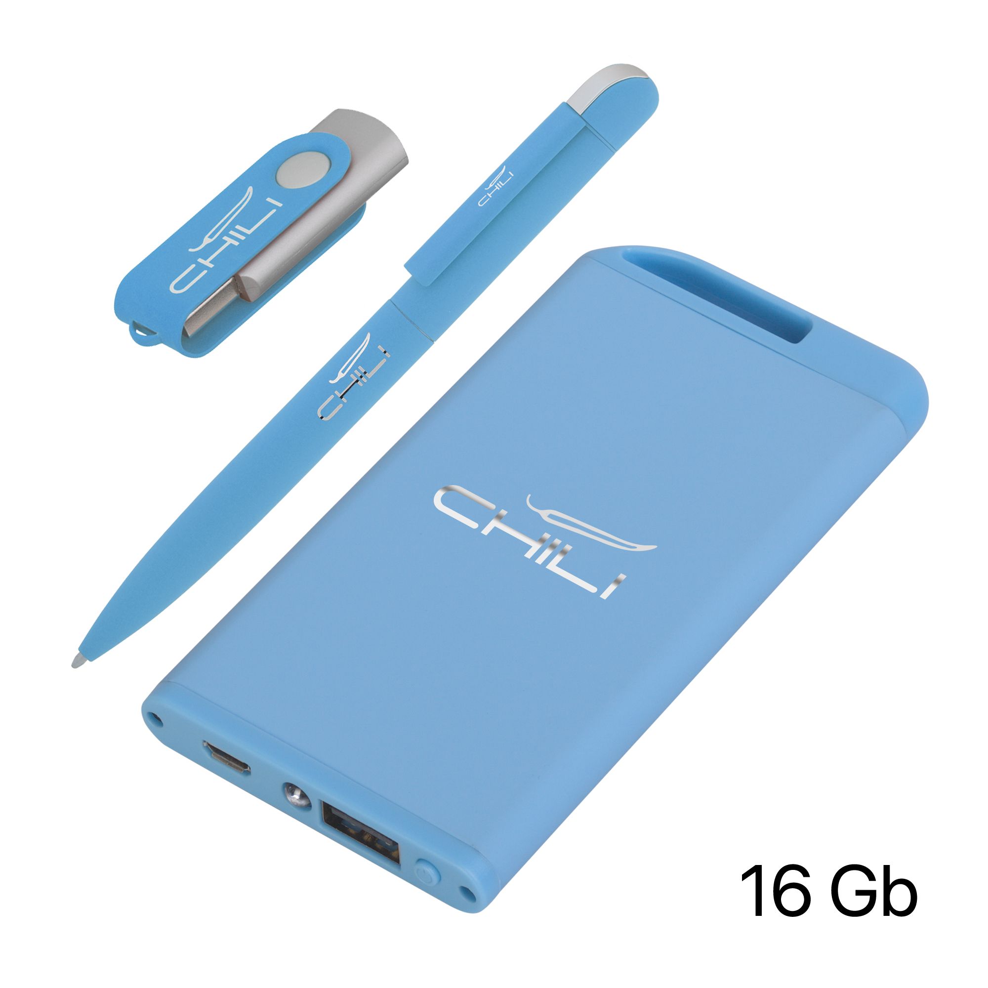 Набор ручка + флеш-карта 16Гб + зарядное устройство 4000 mAh в футляре, голубой, покрытие soft touch, арт. 6884-22S/16Gb - вид 2 из 3