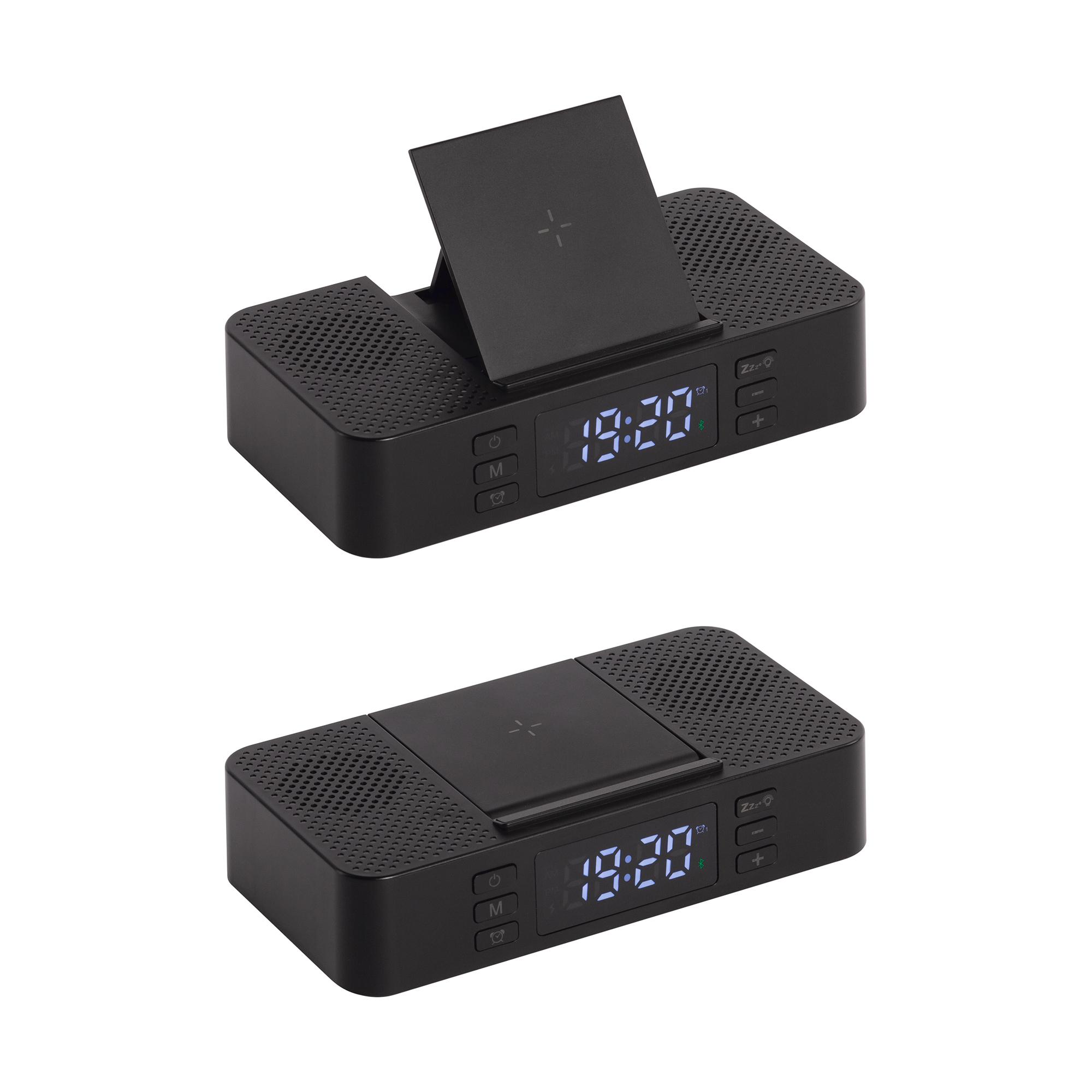 Настольные часы "Smart Box" с bluetooth колонкой (2х3Вт), беспроводным (15W) зарядным устройством и складной подставкой под смартфон, черный, арт. 9613-3 - вид 1 из 8