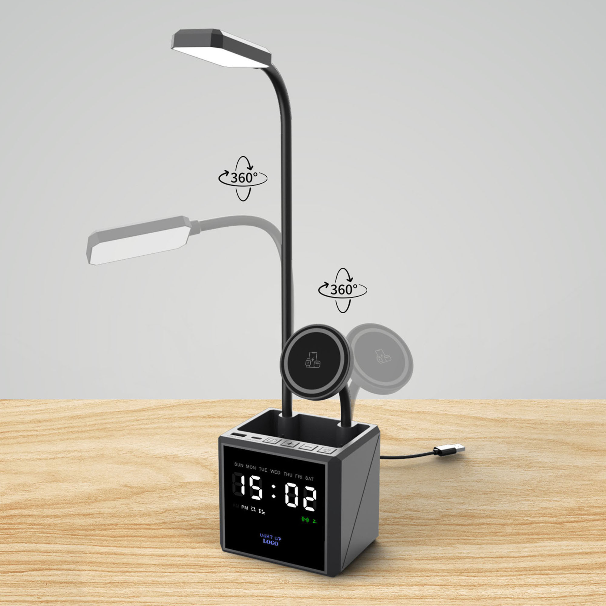 Лампа "Smart Flex" с беспроводным 3в1 (15W) ЗУ с MagSafe, часами, карандашницей и подсветкой логотипа, черный, арт. 9639-3 - вид 1 из 10