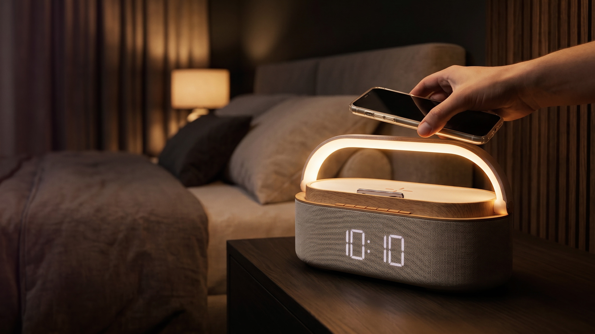 Bluetooth стерео-колонка "Smart Band" 10Вт (2х5Вт) с беспроводным (15W) ЗУ, лампой, часами, FM радио, текстиль + экопластик, бежевый , арт. 7152 - вид 7 из 9