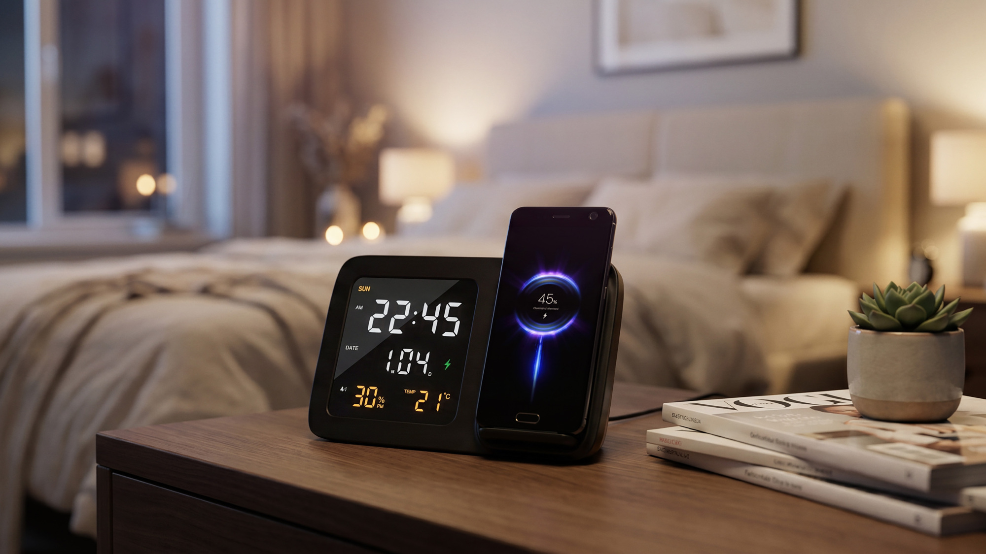 Настольные часы "Smart Screen" с беспроводным (15W) зарядным устройством, гигрометром, термометром, календарём, с подсветкой логотипа, черный, арт. 9628-3 - вид 7 из 10