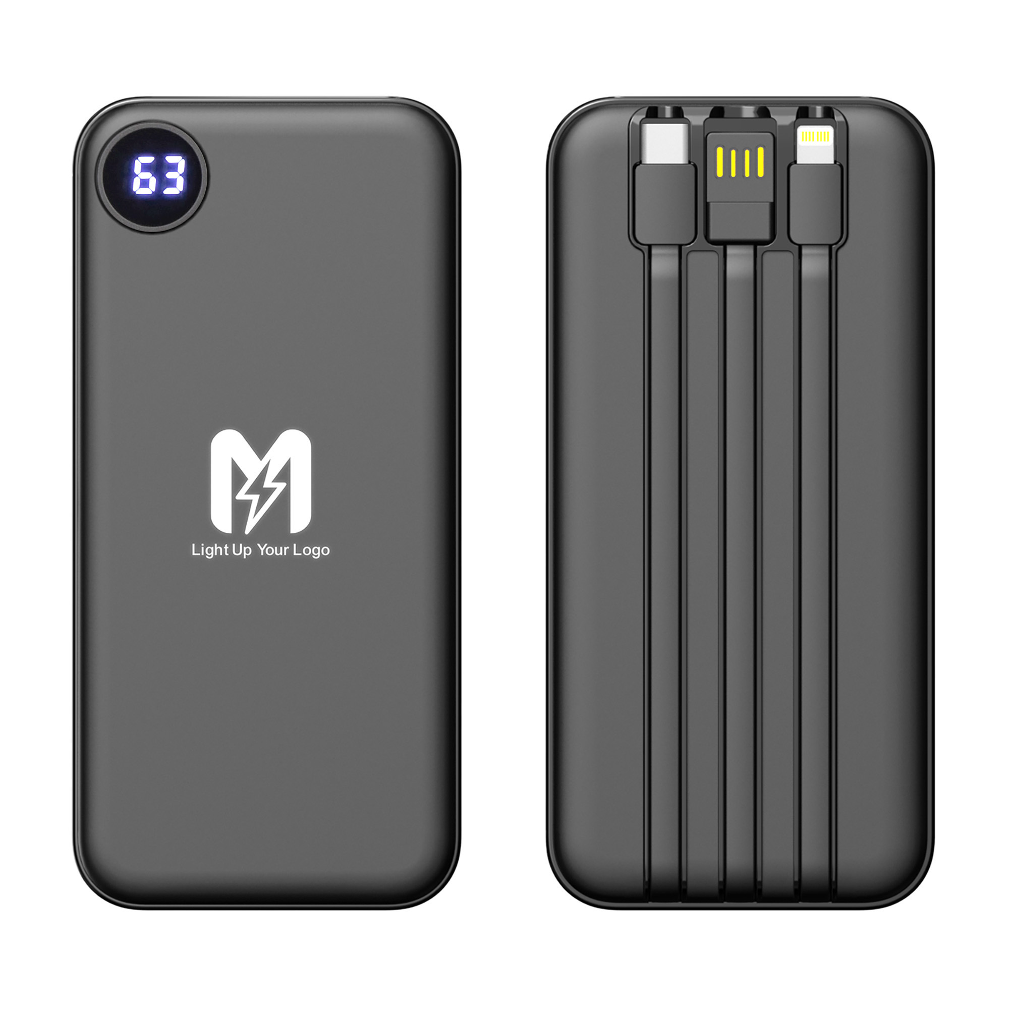 Зарядное устройство "Форт" 10000 mAh с подсветкой логотипа, встроенными кабелями и цифровым индикатором заряда, черный, арт. 9640-3 - вид 1 из 9