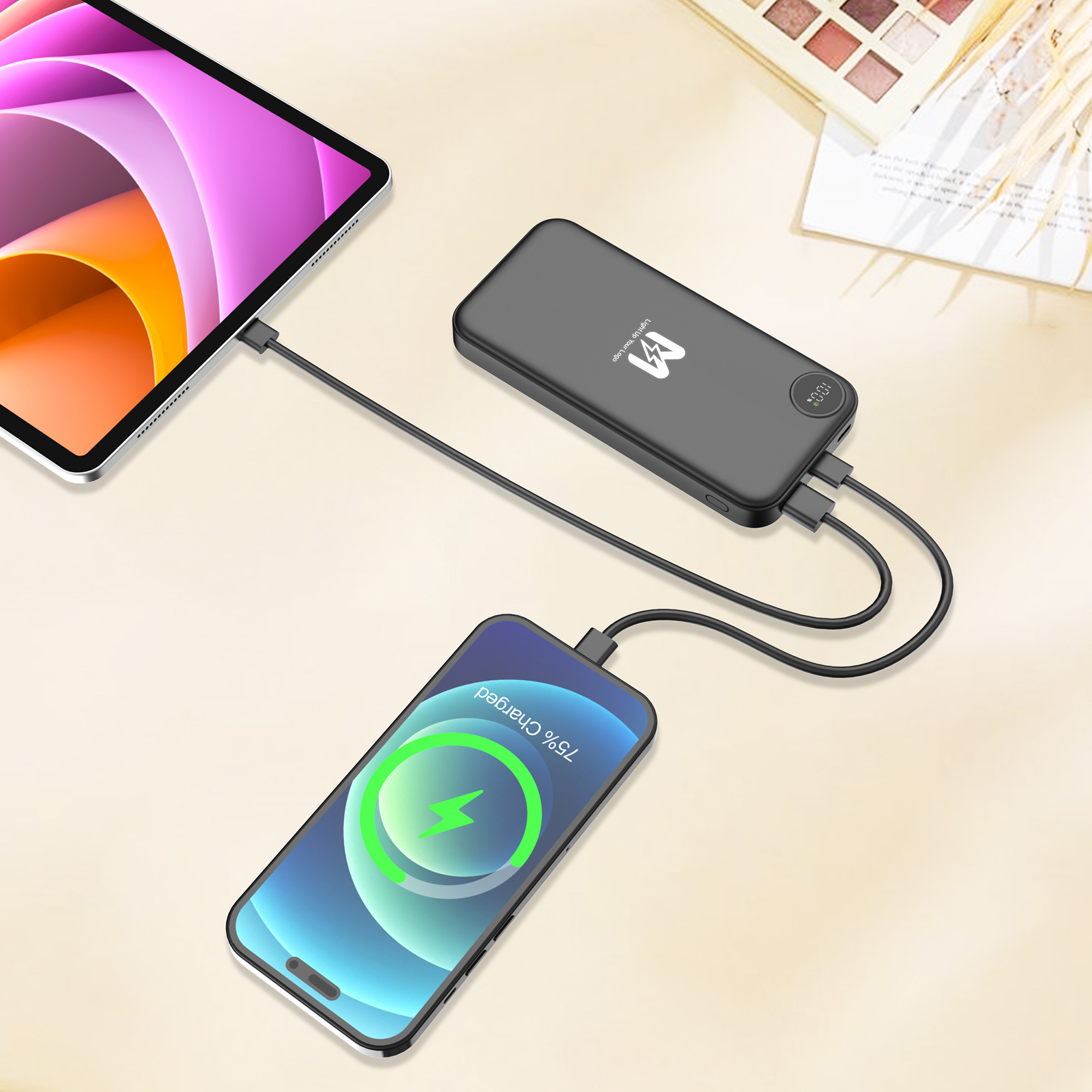 Зарядное устройство "Форт" 10000 mAh с подсветкой логотипа, встроенными кабелями и цифровым индикатором заряда, черный, арт. 9640-3 - вид 7 из 9