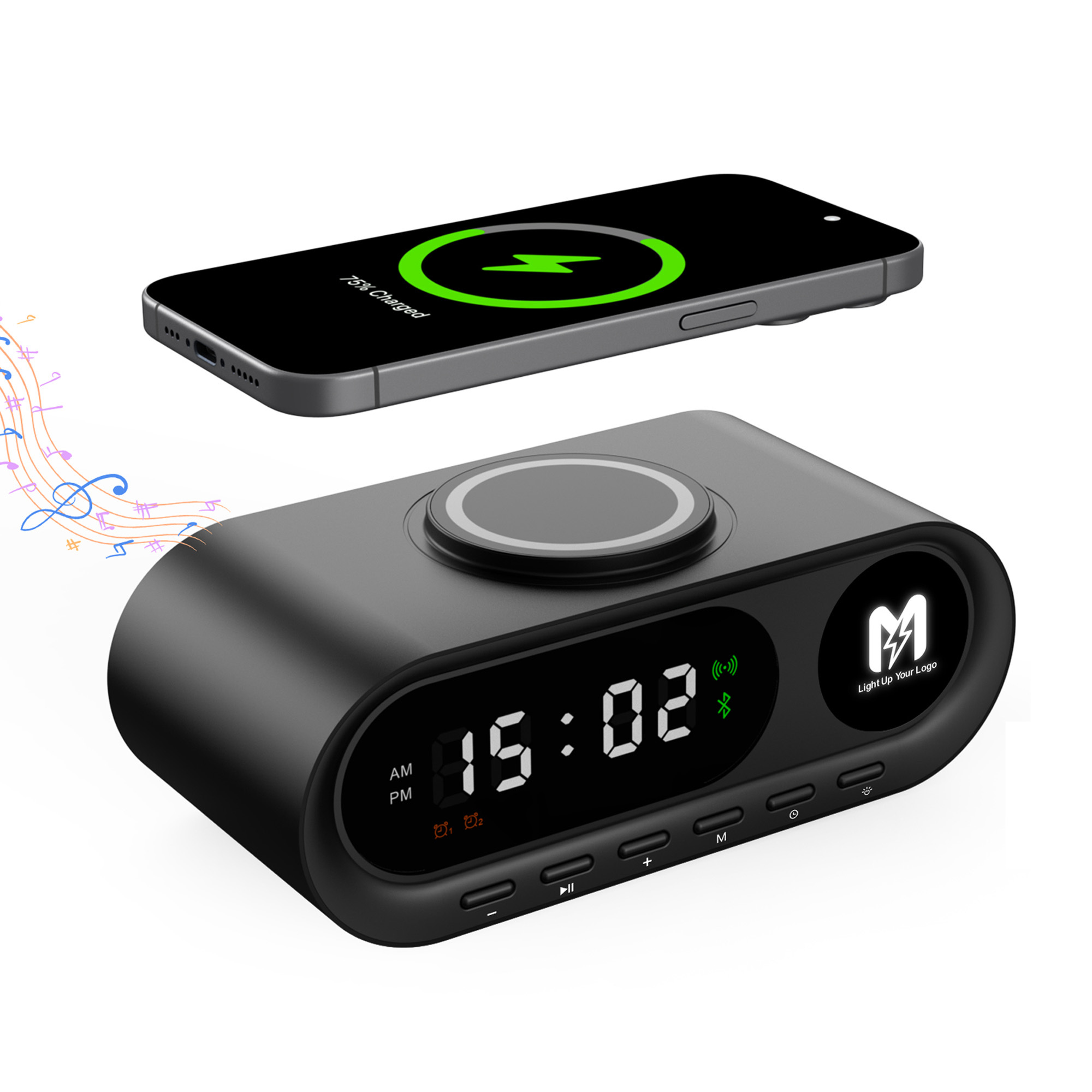 Настольные часы "Smart Hub" с bluetooth колонкой 5Вт, беспроводной (15W) зарядкой и подсветкой логотипа, черный, арт. 9641-3 - вид 1 из 6