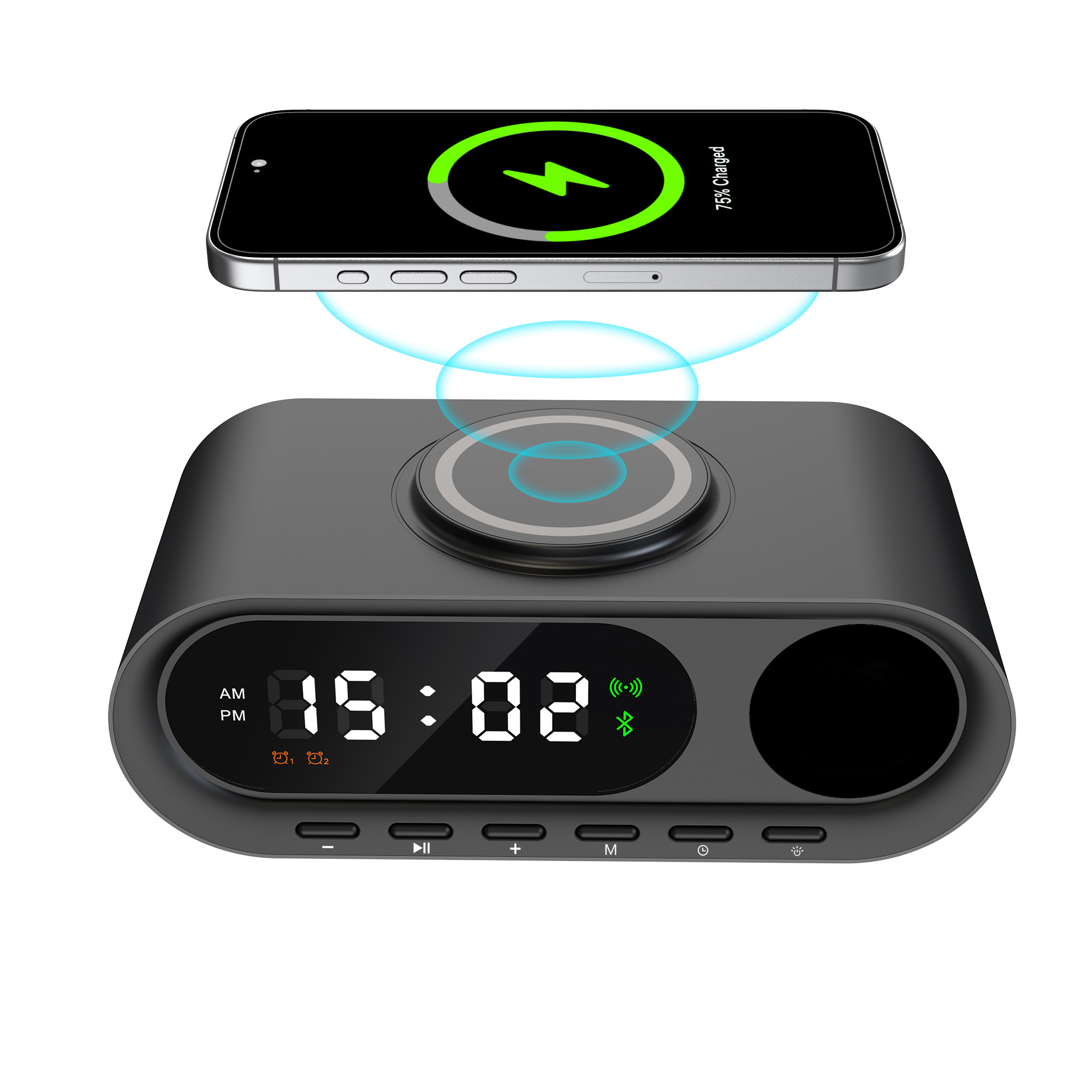 Настольные часы "Smart Hub" с bluetooth колонкой 5Вт, беспроводной (15W) зарядкой и подсветкой логотипа, черный, арт. 9641-3 - вид 2 из 6