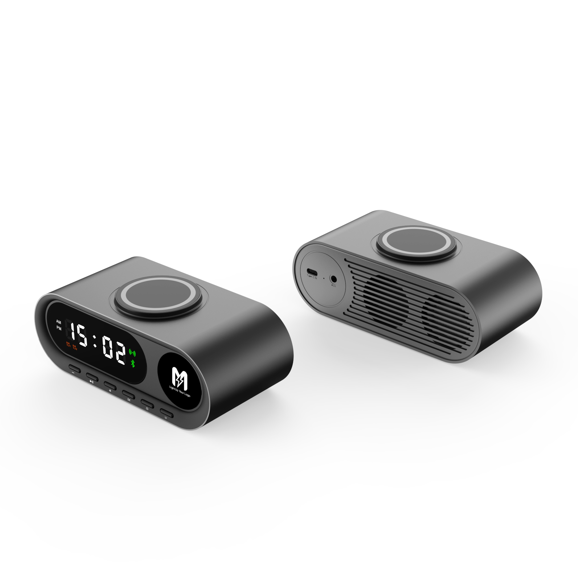 Настольные часы "Smart Hub" с bluetooth колонкой 5Вт, беспроводной (15W) зарядкой и подсветкой логотипа, черный, арт. 9641-3 - вид 4 из 6