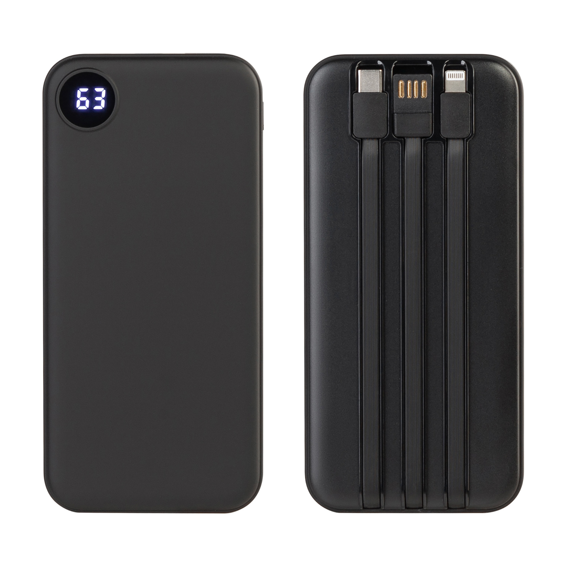 Зарядное устройство "Форт" 10000 mAh с подсветкой логотипа, встроенными кабелями и цифровым индикатором заряда, черный, арт. 9640-3 - вид 2 из 9
