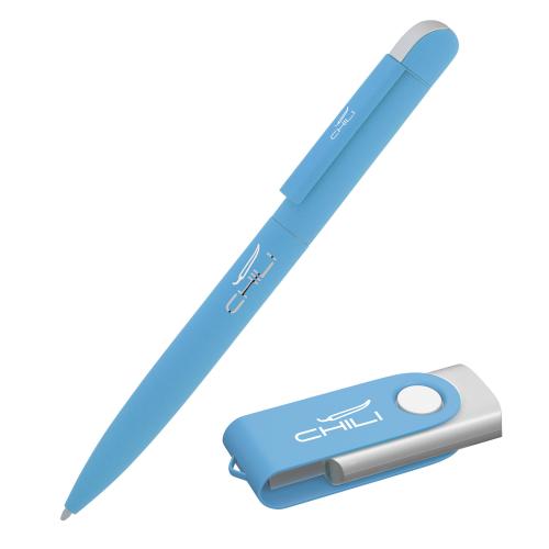 Набор ручка "Jupiter" + флеш-карта "Vostok" 8 Гб в футляре, покрытие soft touch#, цвет голубой