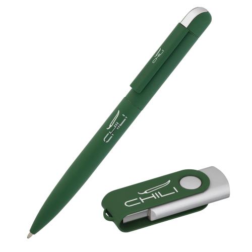 Набор ручка "Jupiter" + флеш-карта "Vostok" 16 Гб в футляре, покрытие soft touch, цвет темно-зеленый