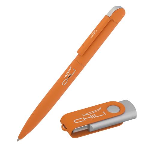 Набор ручка "Jupiter" + флеш-карта "Vostok" 16 Гб в футляре, покрытие soft touch, цвет оранжевый